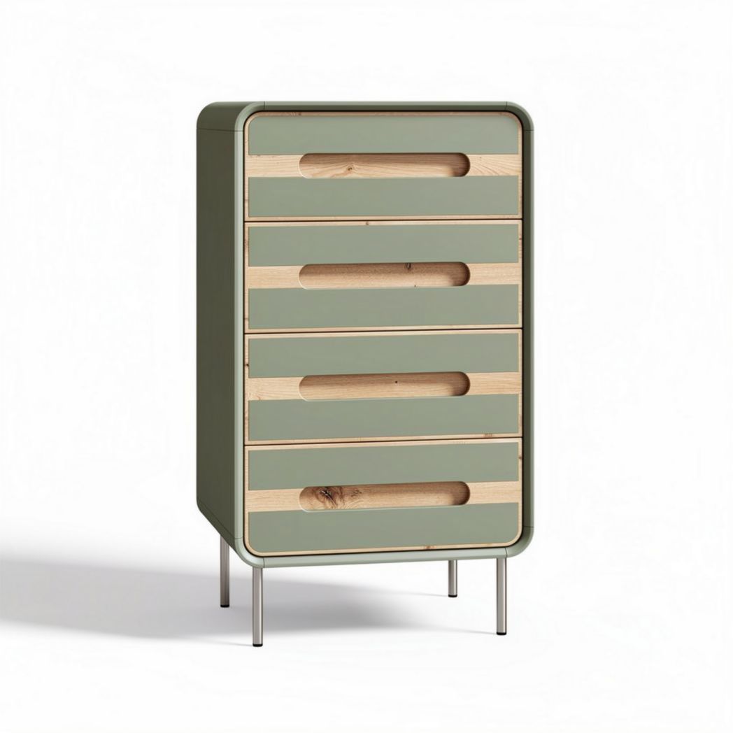 Modern storage dresser with four drawers in green and wood - 60 x 40 x 100cm