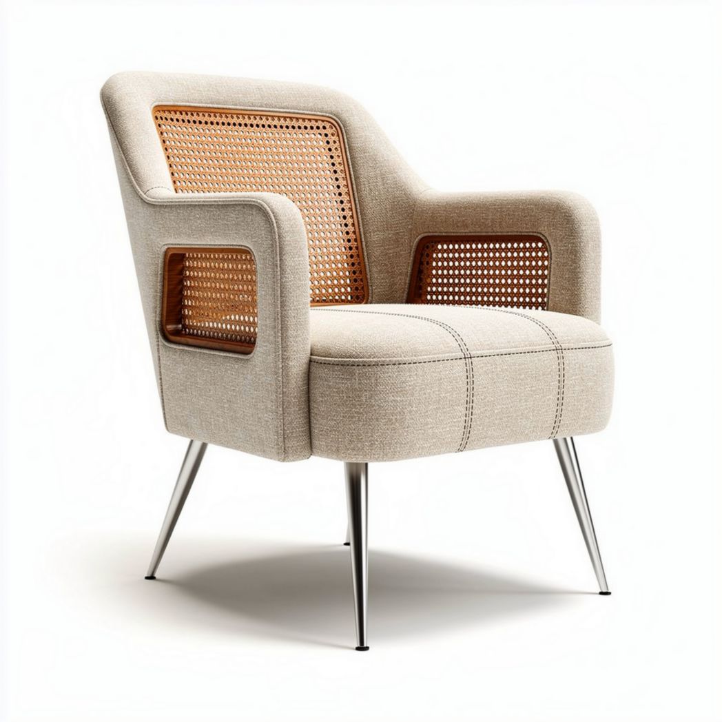 Linen upholstered accent chair with rattan details - 80 x 80 x 80cm