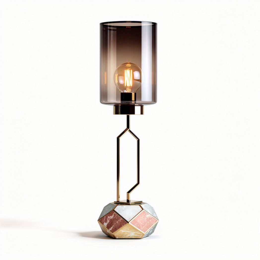 Marble and metal table lamp with cylindrical glass shade - 30 x 30 x 50cm